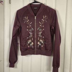 EXPRESS XXS Embroidered Butterfly Floral Burgundy Bomber Jacket Academia